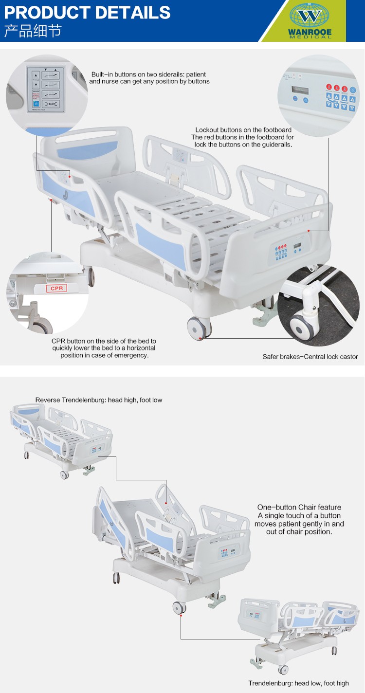 hospital bed electric 5 function, critical care beds, ward bed, clinic beds, trendelenburg bed position