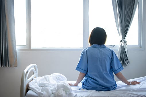 patient bed, hospital bed, bedside table