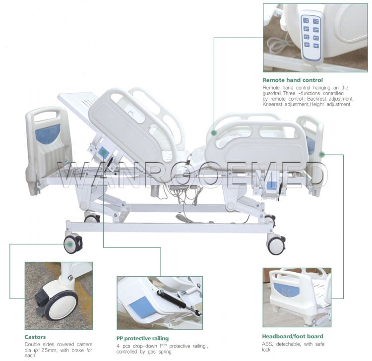 standard hospital bed, 3 function hospital bed, recovery bed, medical care bed, electric hospital bed