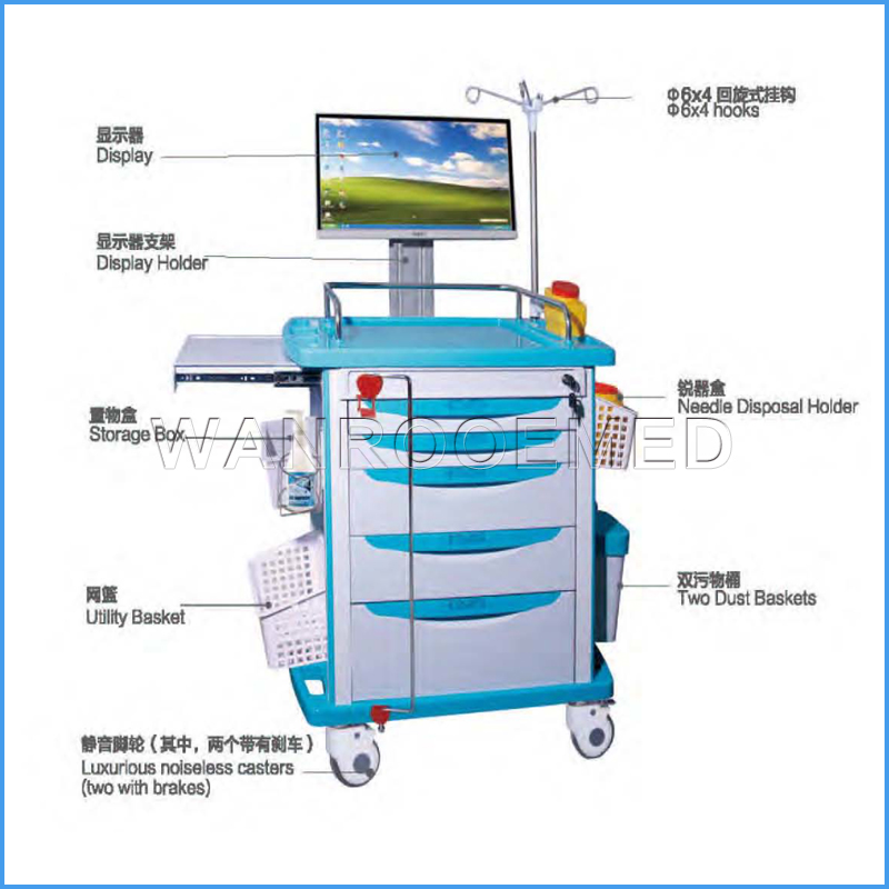 BE-NT-85071A / B-LB chariot d'hôpital d'ordinateur de chariot à soins médicaux