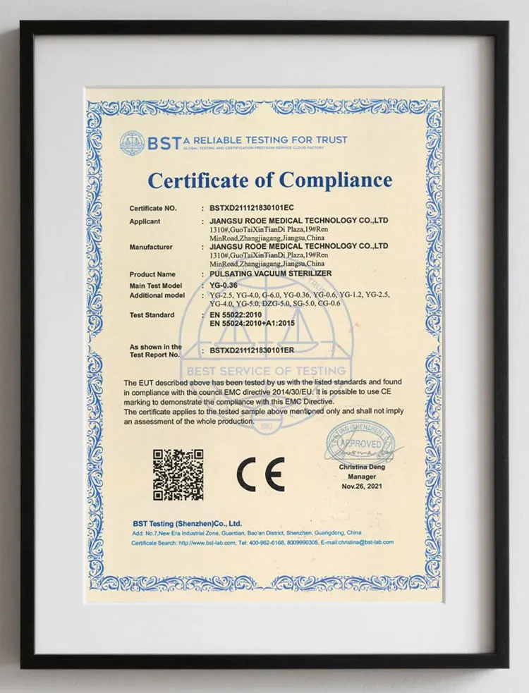 Certificate of Compliance EN 550222010 Pulsating Vacuum Sterillizer