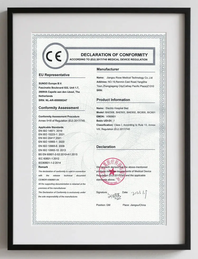 EU Declaration of Conformity MDR – Electric Hospital Bed CE