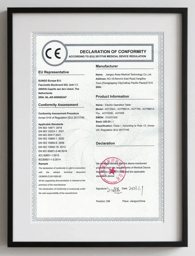 EU Declaration of Conformity – Electric Operation Table CE